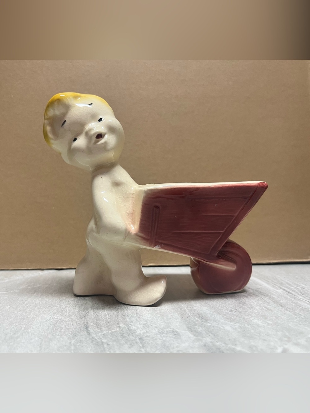 Vintage Ceramic-Boy Pushing Wheelbarrow Planter-Blonde Child Mid Century Decor